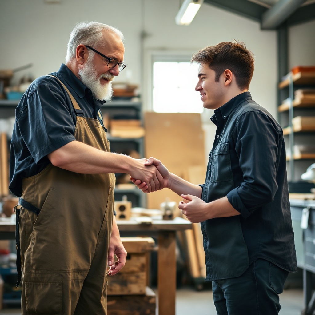 an experienced senior German master craftsman in work clothes shaking hands with a younger ambitious