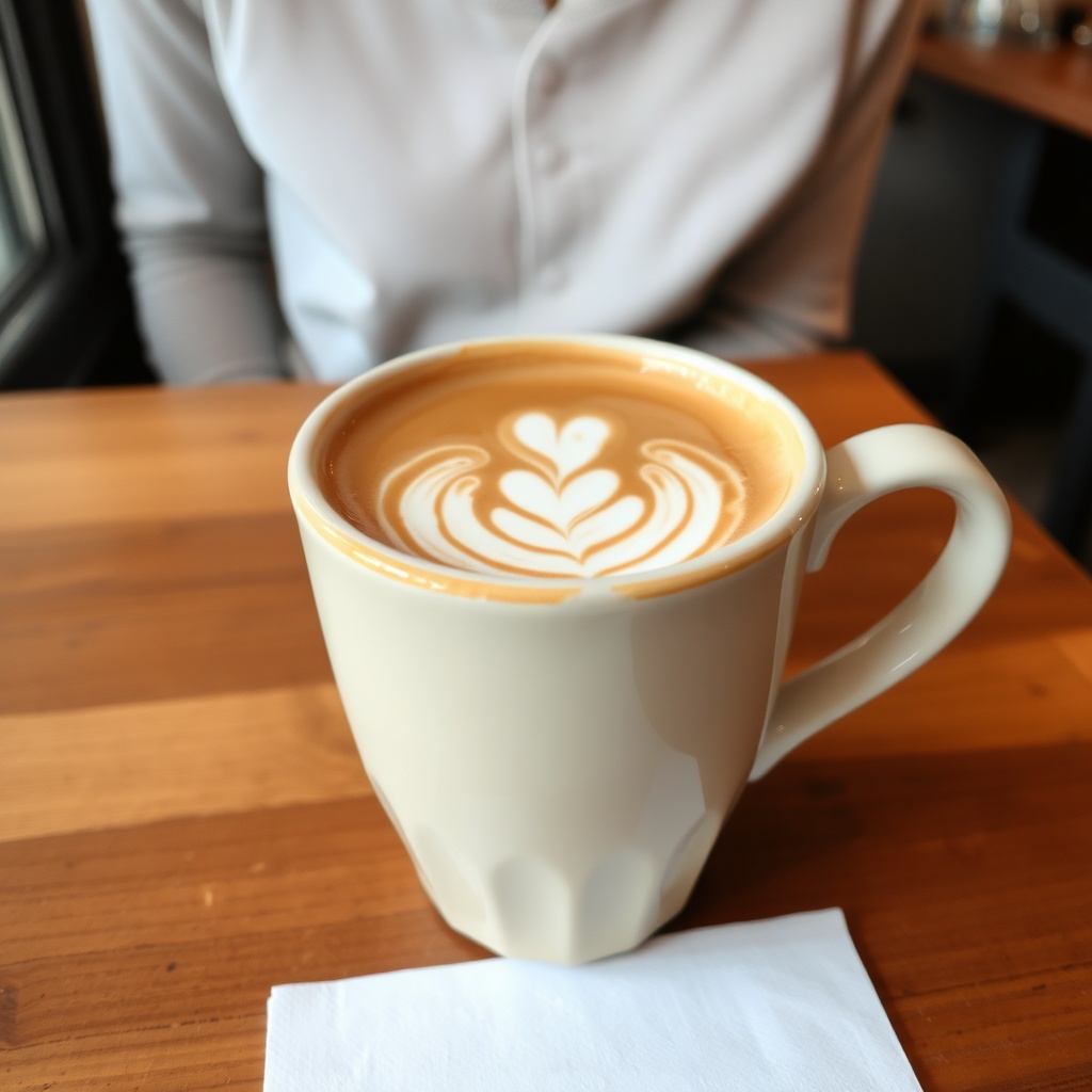 creamy cafe au lait coffee with latte art in ceramic mug, artisan coffee shop