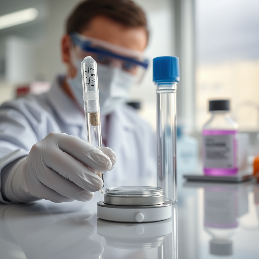 clean laboratory setting with a titanium sample and antibacterial testing equipment, soft daylight, 