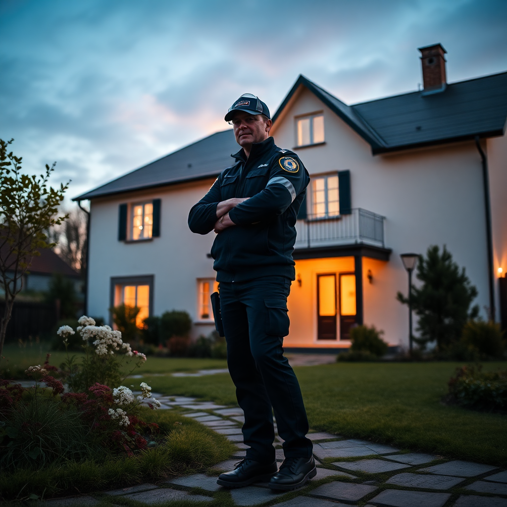 security officer on patrol around a family house with garden at dusk, Jablonec nad Nisou, profession