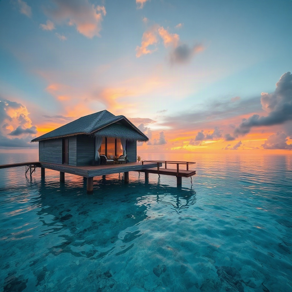 overwater villa in maldives, crystal clear water, sunset