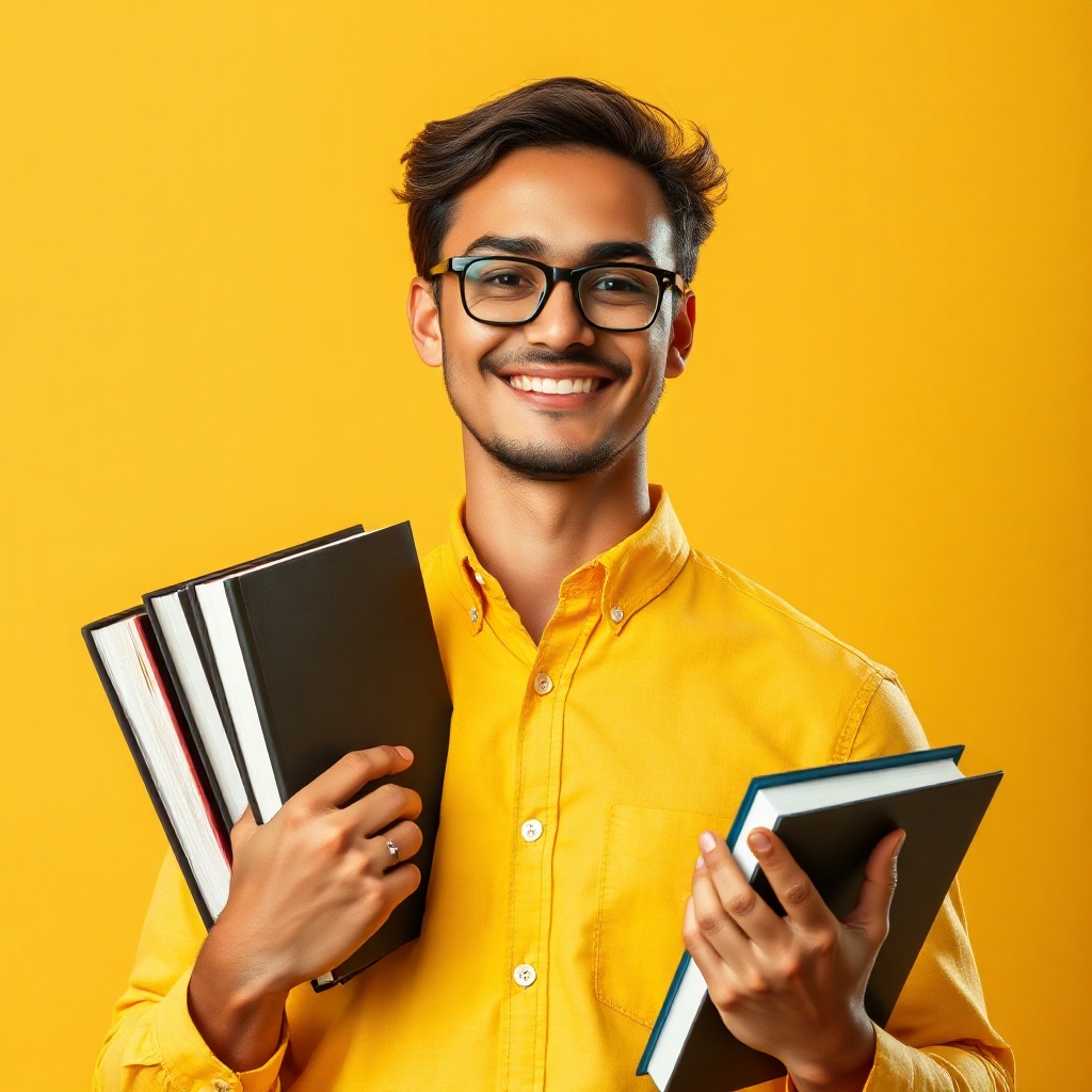 cheerful male professional with glasses and yellow shirt holding books, standing in front of a yello