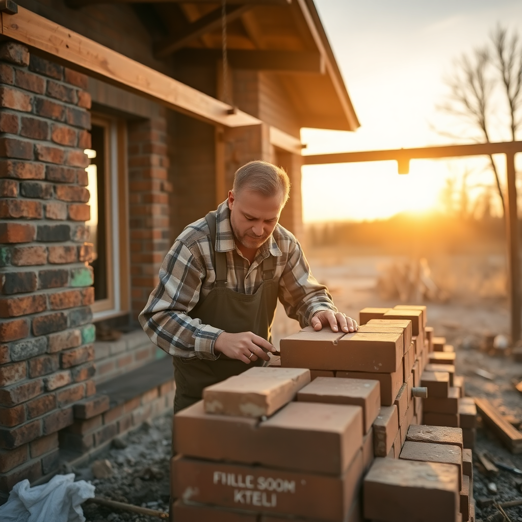 craftsman builder carefully laying bricks on house construction site golden warm light Poland countr