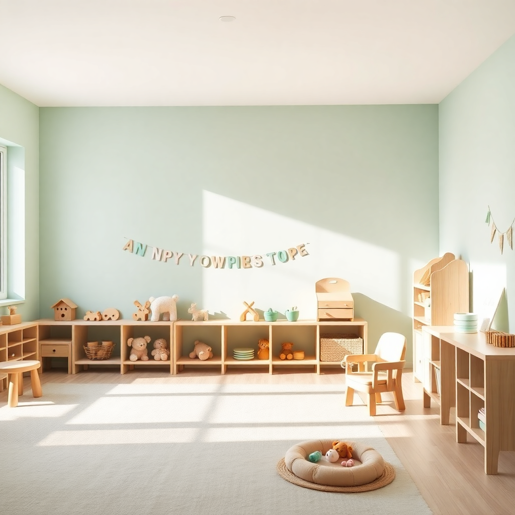 bright Scandinavian daycare toddler room, wooden toys on low shelves, warm natural light, mint and p