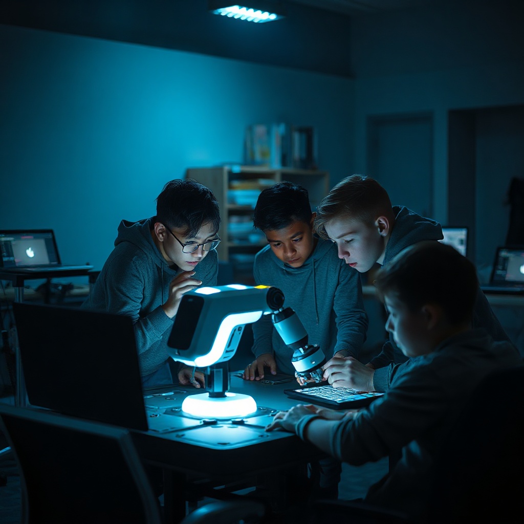 Young students collaborating around a glowing robotics workstation, dramatic studio lighting, dark background