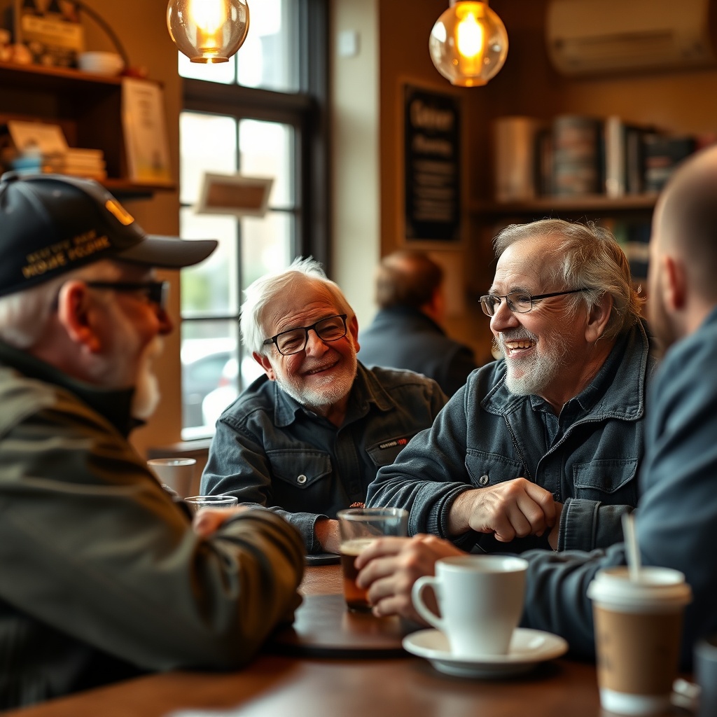 veterans at a community coffee shop gathering laughing and talking, warm candid photography, communi