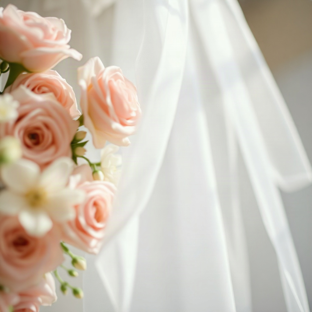 blurred soft flowers and white veil texture, high key wedding photography style