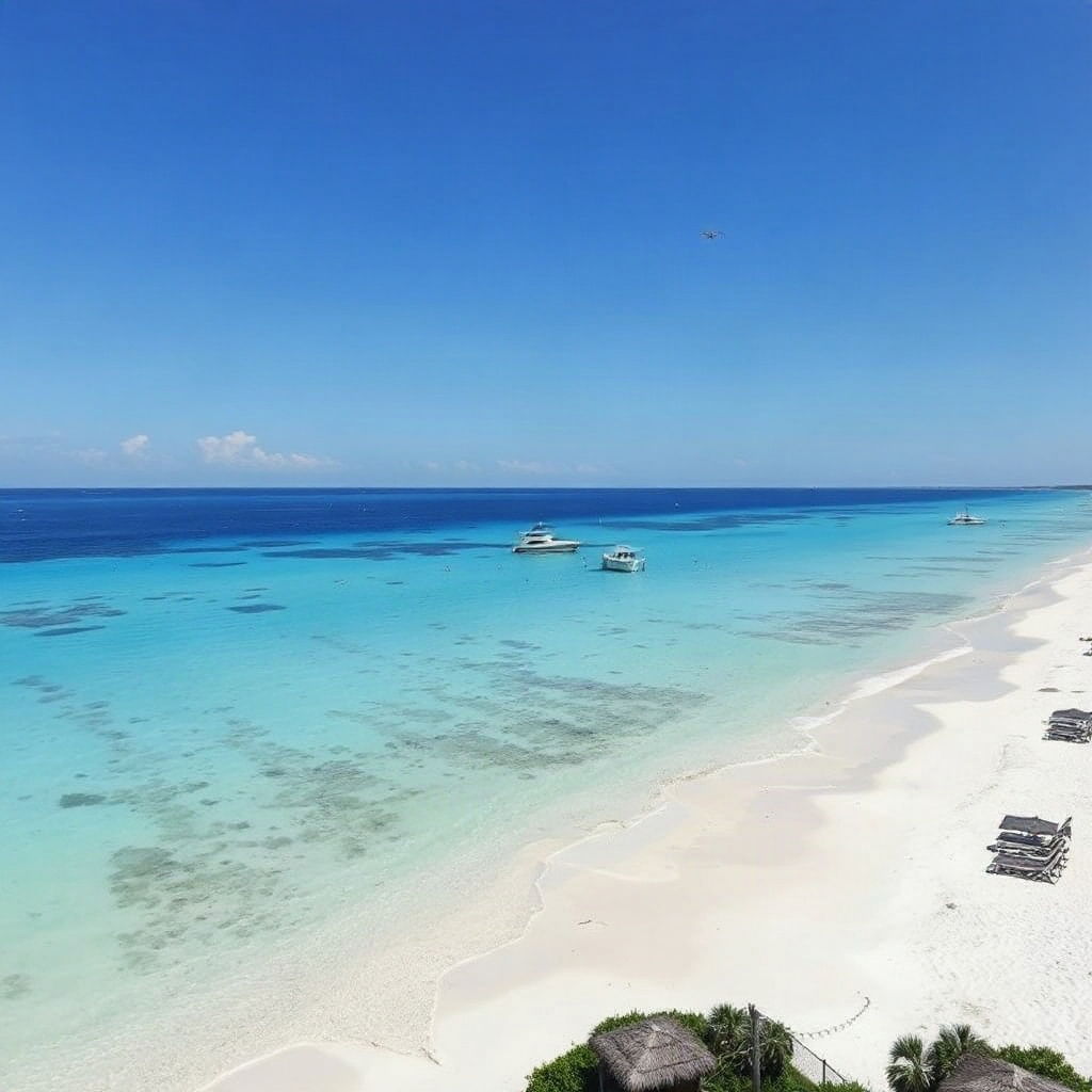 turquoise ocean beach with sun umbrellas and loungers, clear summer day