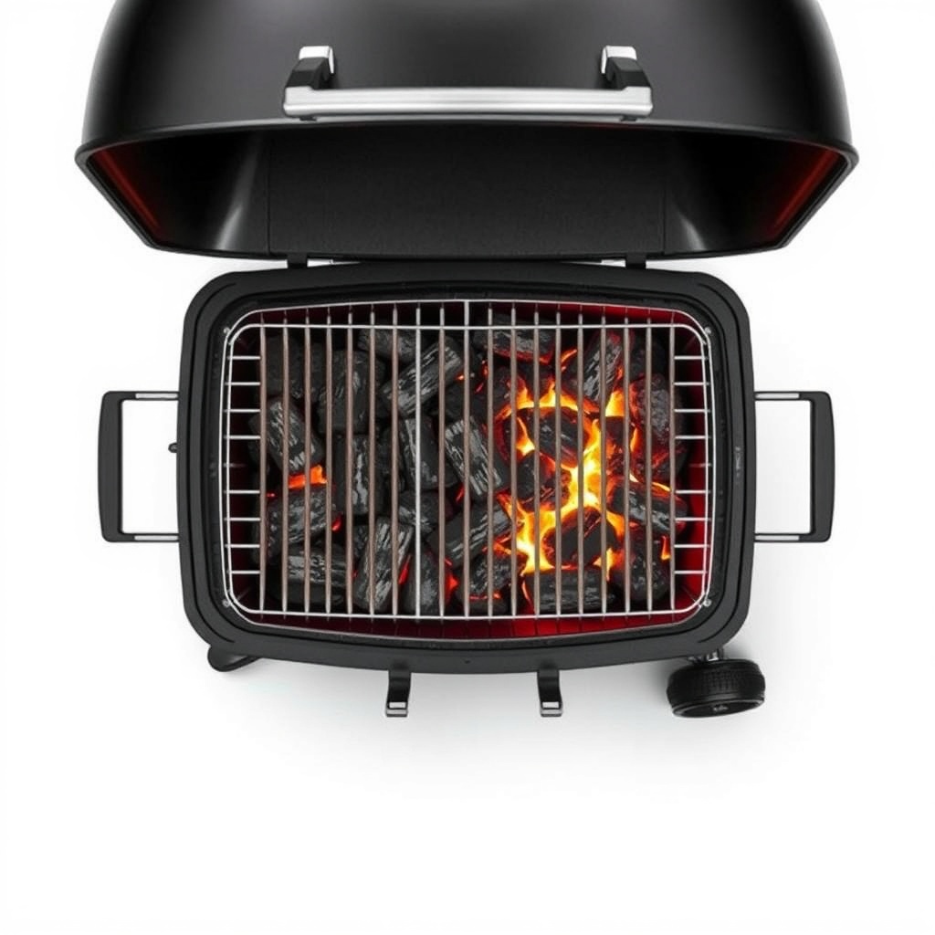 overhead technical view of premium BBQ charcoal grill open lid showing steel grates and glowing coal