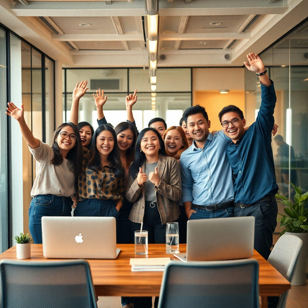 happy diverse team of young entrepreneurs celebrating business success in modern Malaysian co-working space
