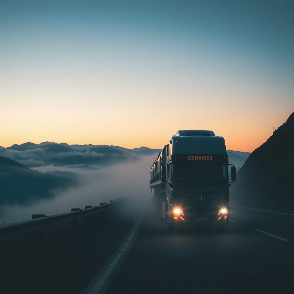 dramatic vertical shot of a modern car carrier truck on a mountain pass at twilight, headlights cutt