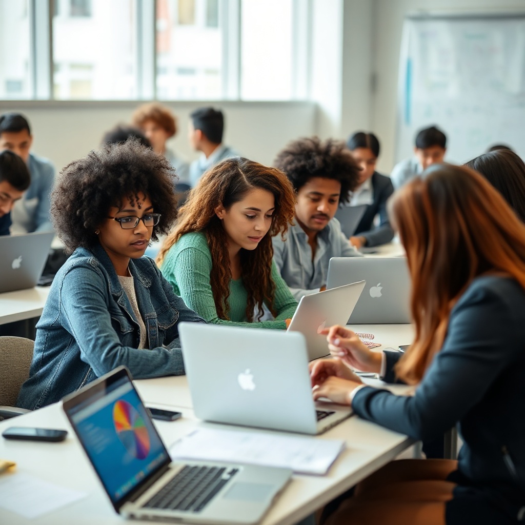 group of diverse students working together on laptops in a bright modern classroom