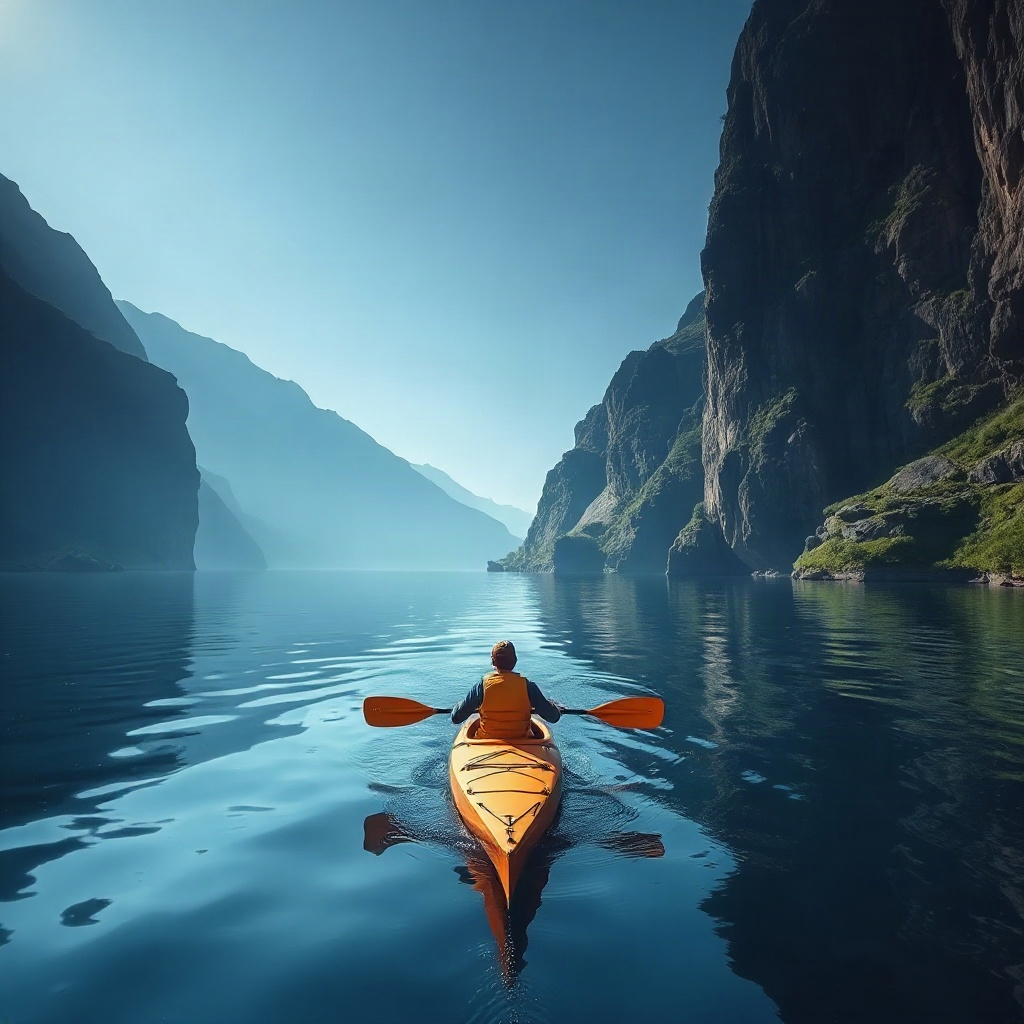person in an orange kayak paddling through a calm deep blue fjord with steep cliffs, cinematic natur