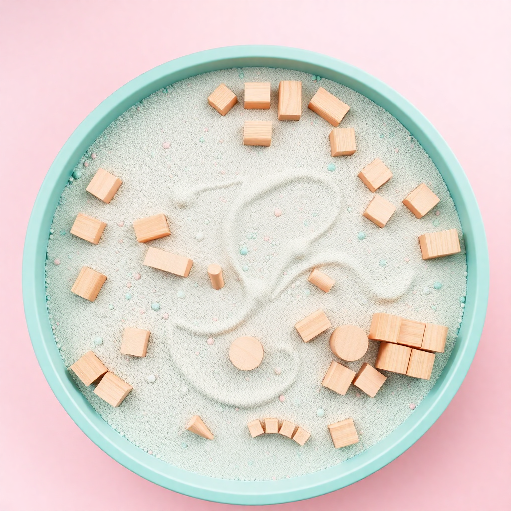 daycare sensory play table with kinetic sand and wooden blocks, soft pink and mint colors, overhead 