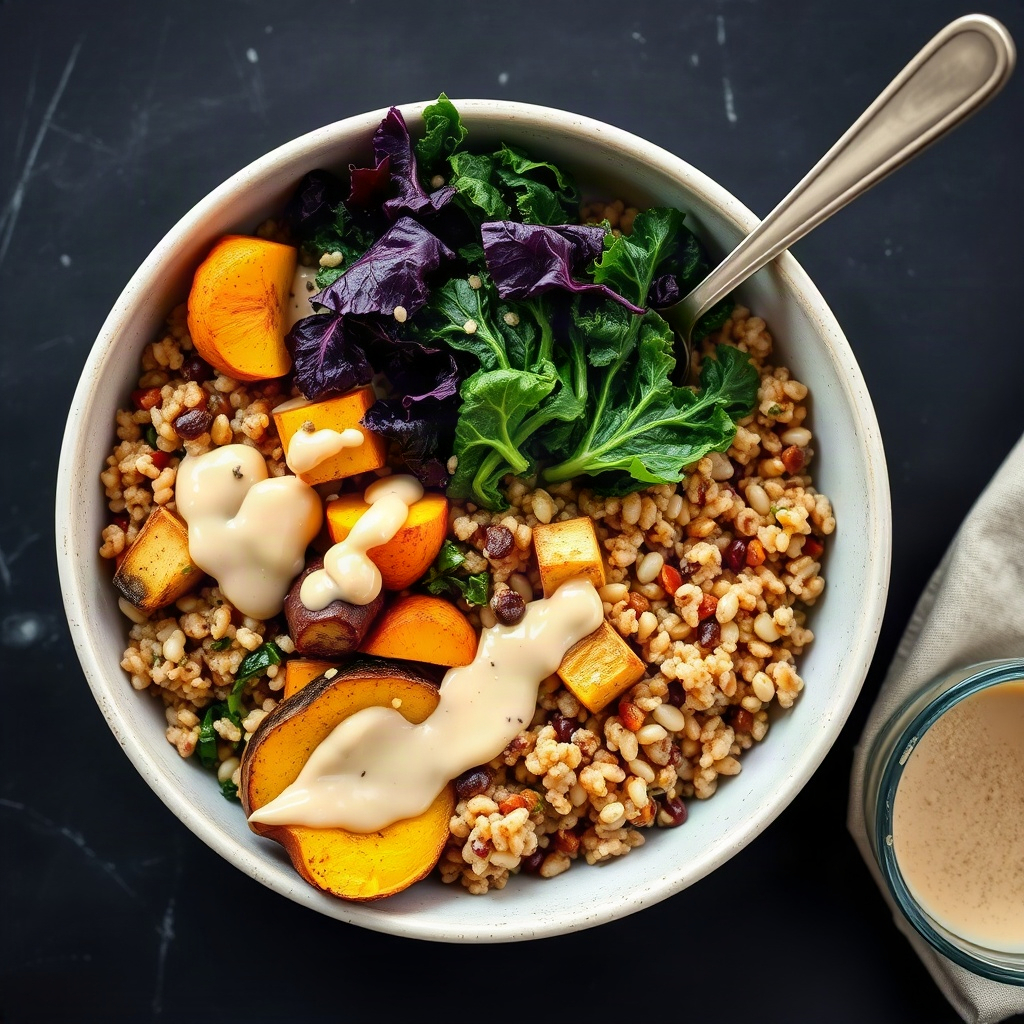 colorful grain bowl with quinoa, roasted squash, kale and tahini dressing, overhead food photography