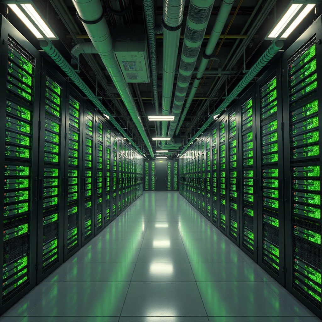 wide architectural shot of a massive data center server room with glowing green racks and cooling pi