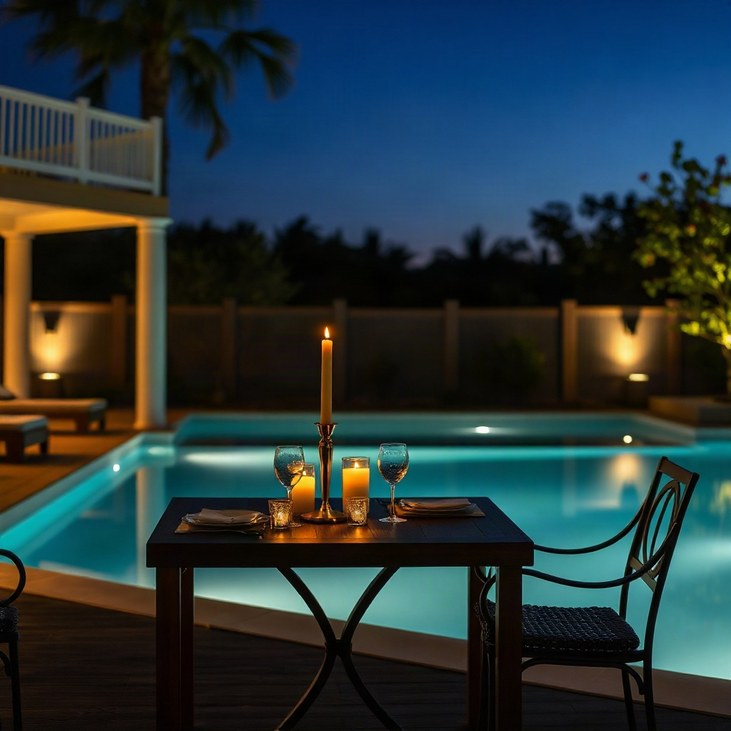 candlelit outdoor dining table by a pool at night, elegant setting