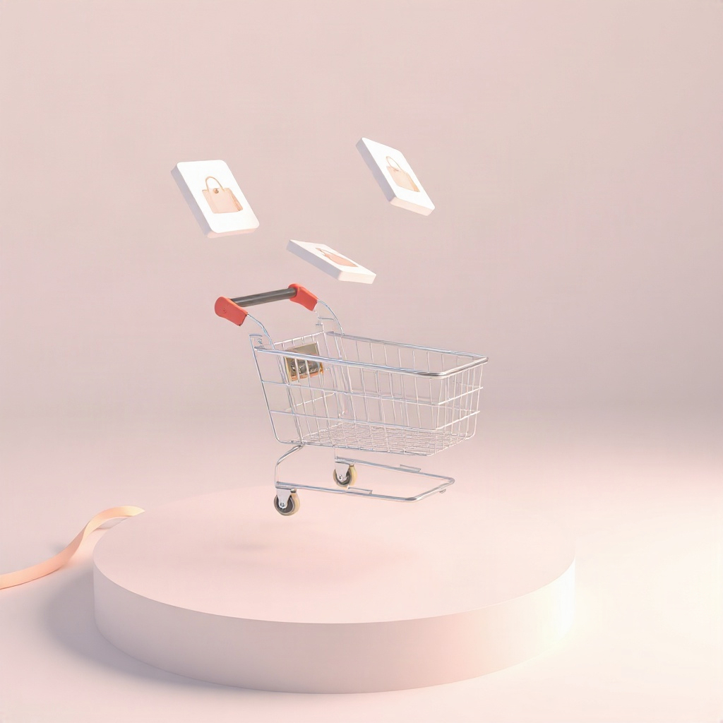abstract 3D render representing e-commerce, floating shopping cart and product cards in soft pastel 
