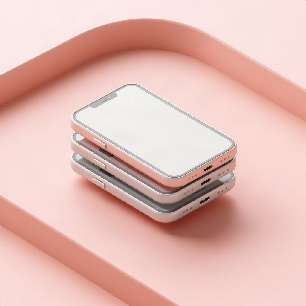 abstract 3D render representing mobile apps, stacked smartphone screens with clean UI, soft neutral 