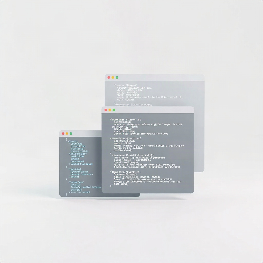 abstract 3D render representing web development, code brackets and layered browser windows, soft neu