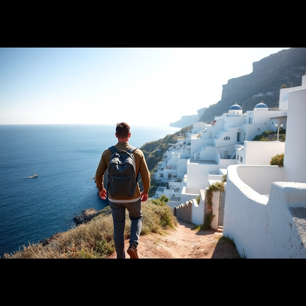 man with backpack walking on coastal trail overlooking blue ocean and white Mediterranean houses
