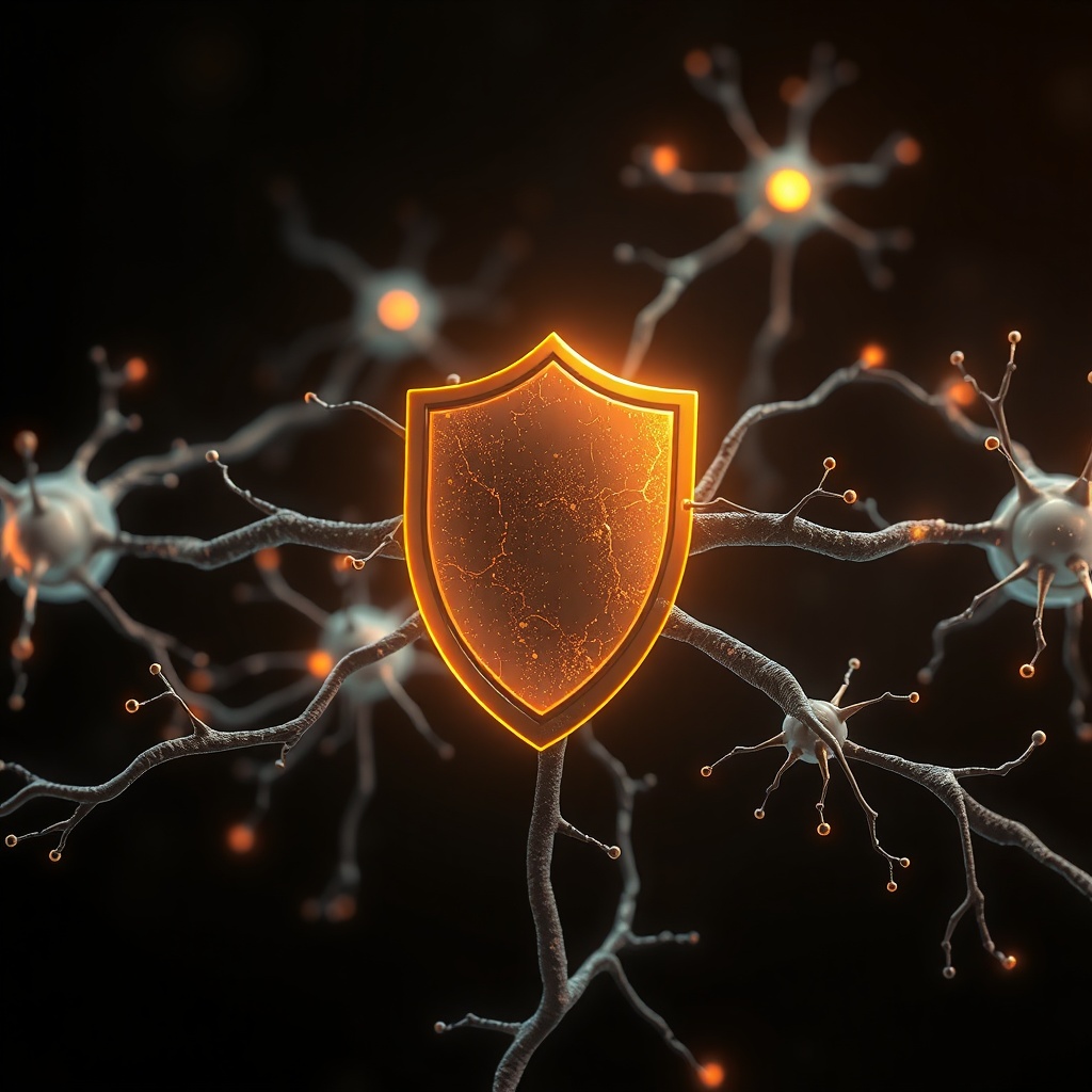 Neurons connecting with glowing synapses, protective shield concept, scientific illustration, dark b