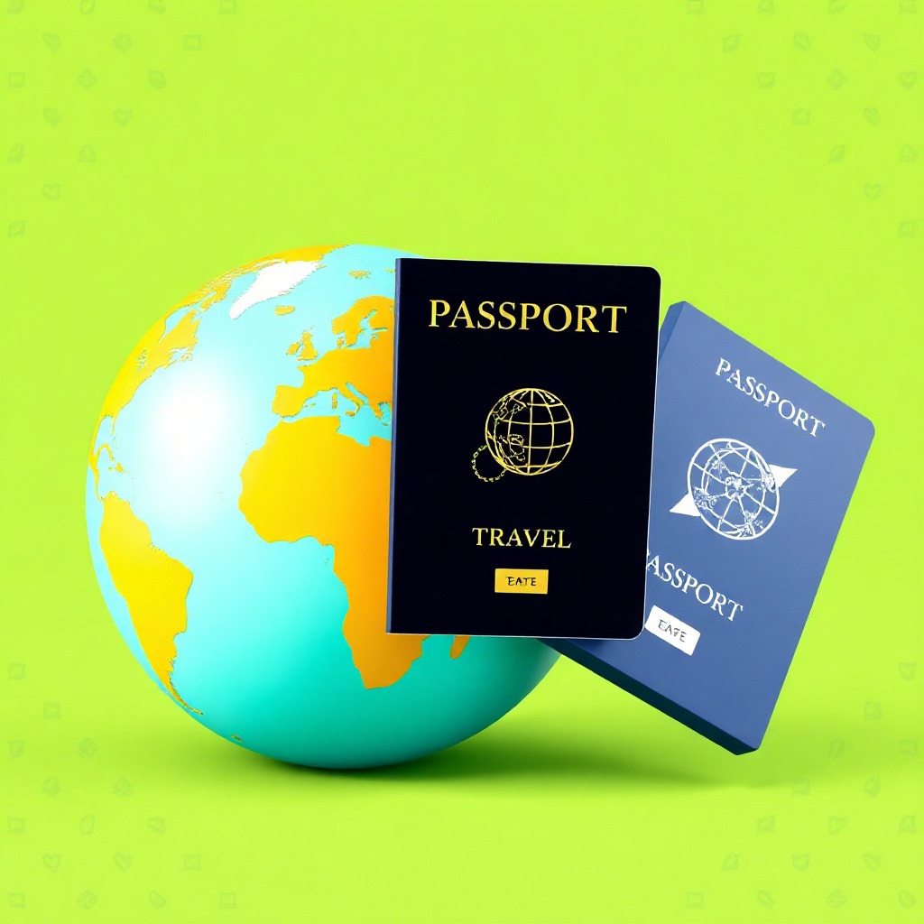 3D illustration of a globe and passport, travel concept, bright green background
