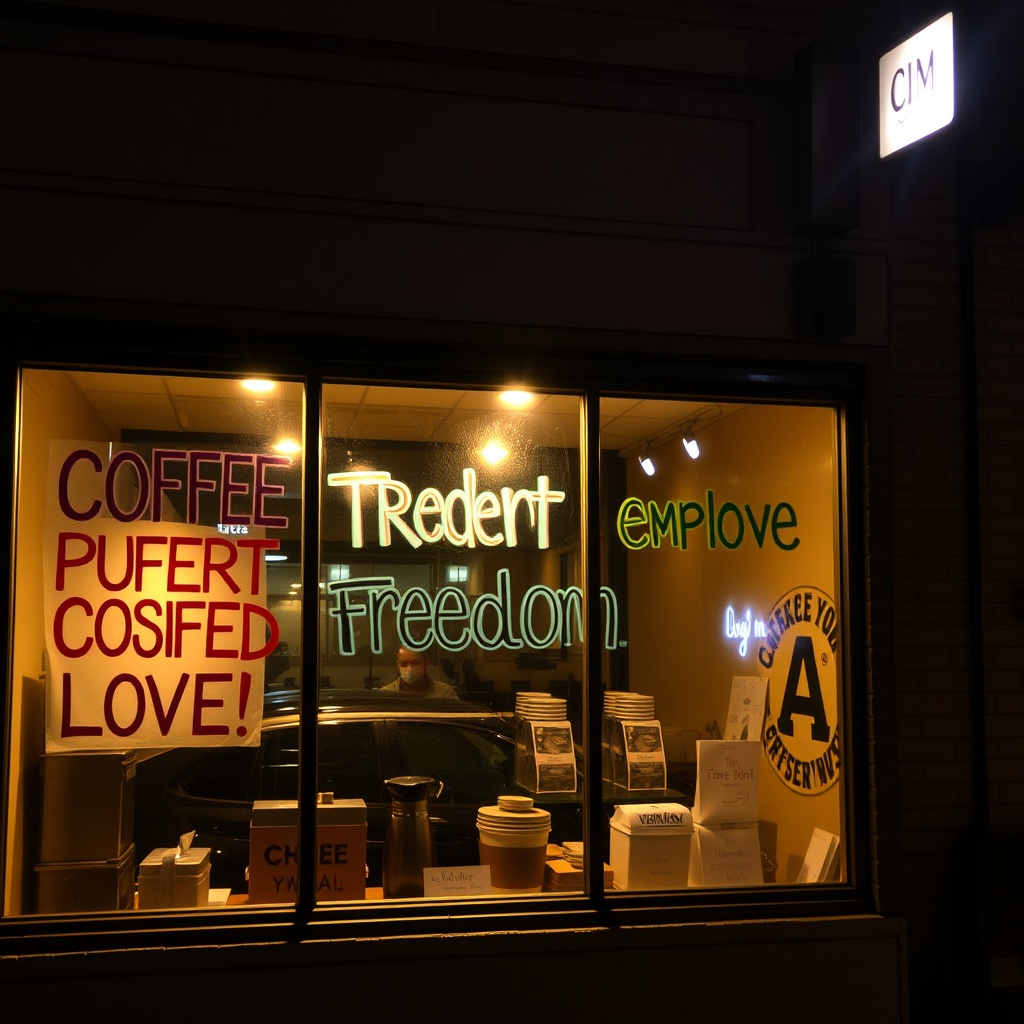 coffee shop storefront with large painted window art courage freedom love protest messages, night ti