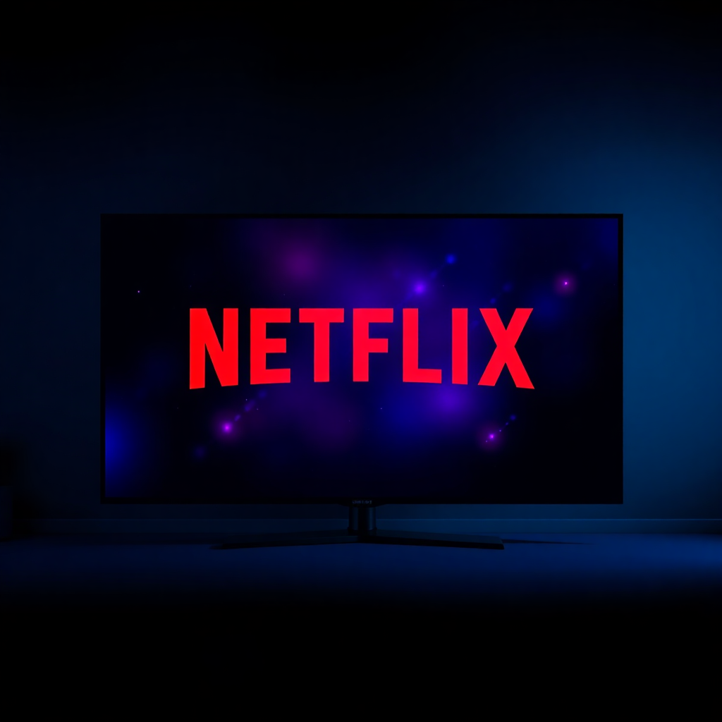 dark cinematic TV screen showing stunning Netflix-style movie hero banner with dramatic lighting, de