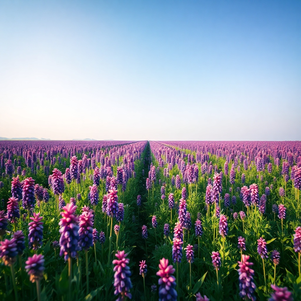 Lush purple flower field stretching to the horizon under a clear sky, soft daylight, editorial lands