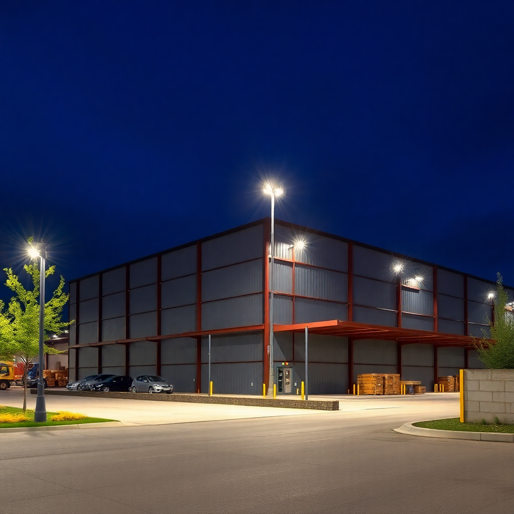 industrial warehouse logistics center construction Poland steel structure exterior night lighting