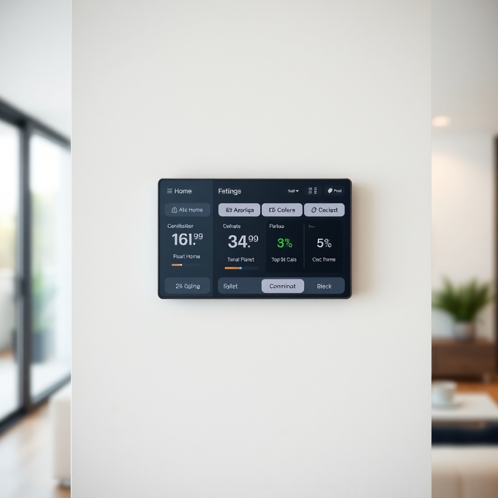 A clean modern smart home interface on a wall, showing climate settings, blur background of a living