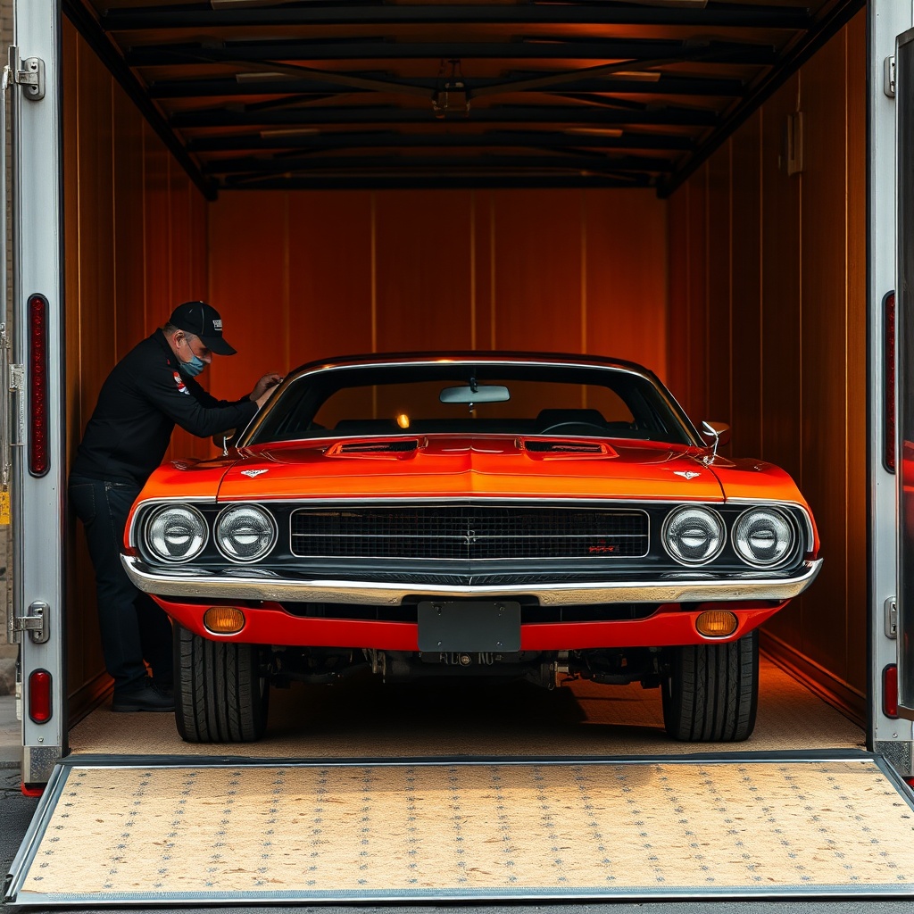 vintage muscle car being carefully loaded onto an enclosed trailer by experienced handlers, dramatic