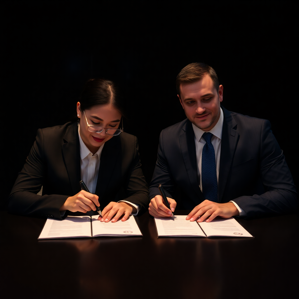 business partners signing company documents in dark professional setting, editorial style photograph