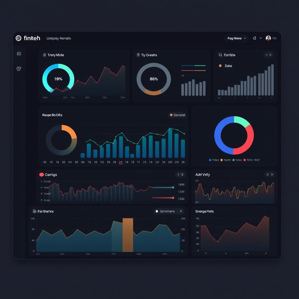 fintech dashboard UI template with dark mode, complex charts and analytics, clean professional layou