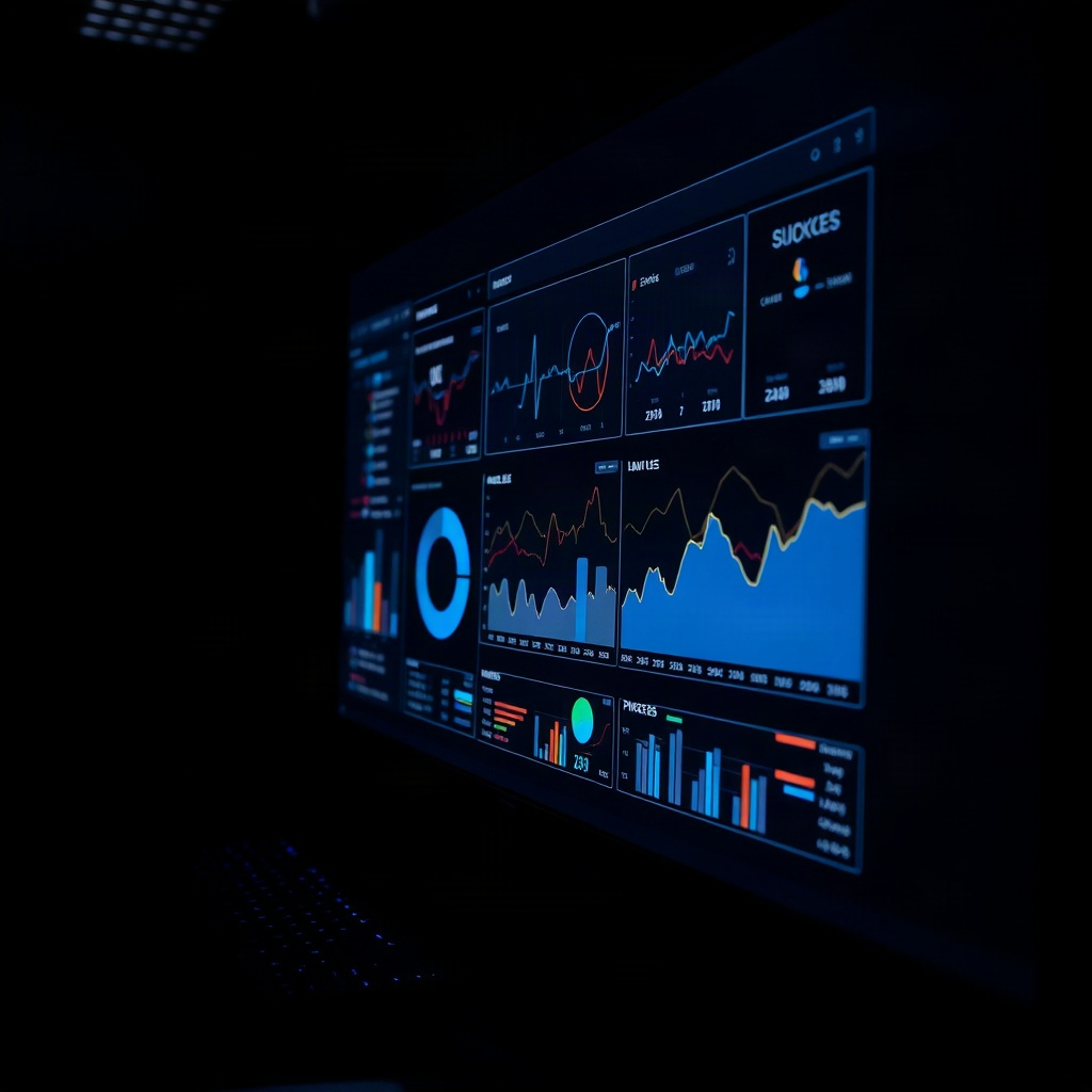 close up of sophisticated digital analytics dashboard interface on large screen in dark room