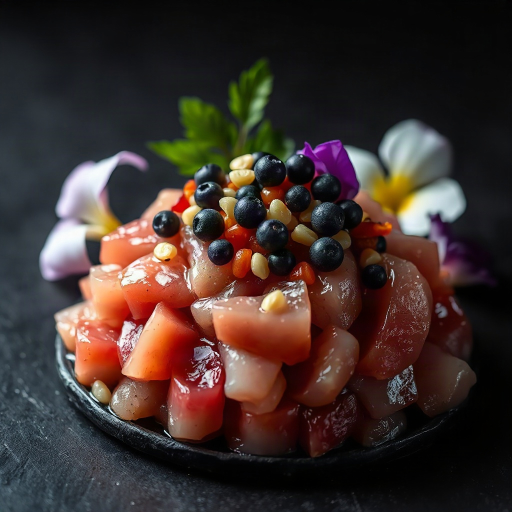 high-end close up of a smoked tuna tartare dish with caviar and edible flowers, dark moody backgroun
