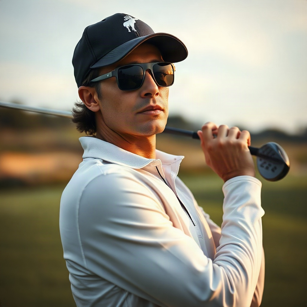 a stylish golfer in mid-action, wearing contemporary minimal golf wear, dynamic pose, high-end edito