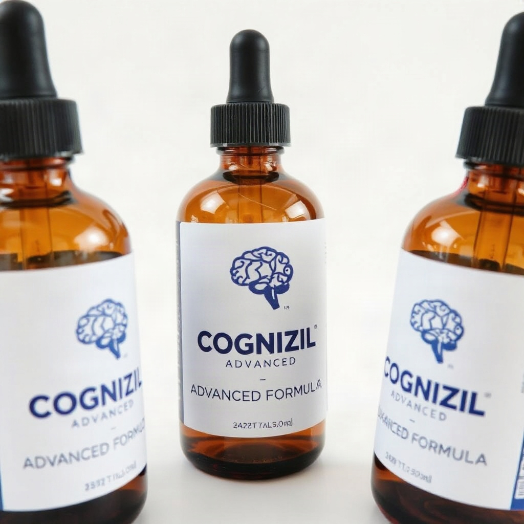 Three amber glass dropper bottles labeled Cognizil Advanced Formula with navy brain-network logo, st