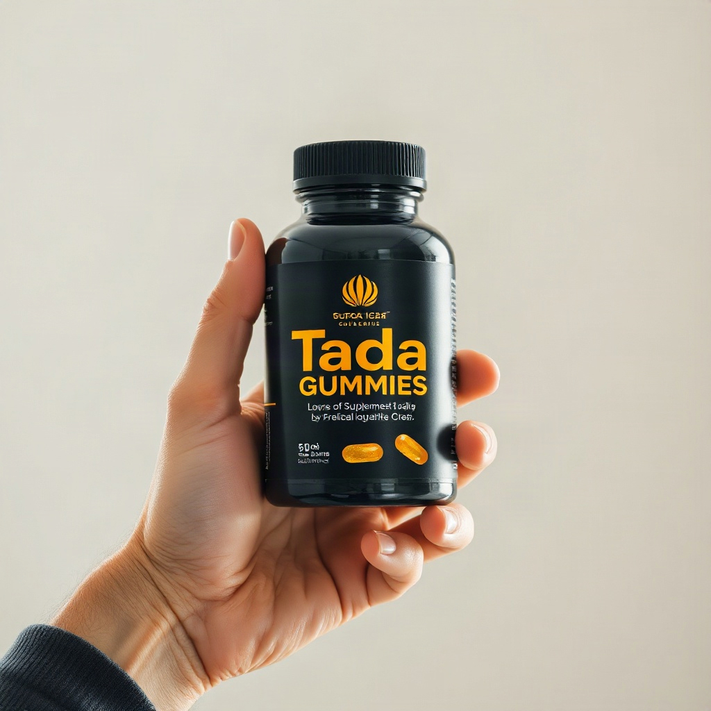 man's hand holding a black and gold TadaGummies supplement bottle, lifestyle photography, soft natur