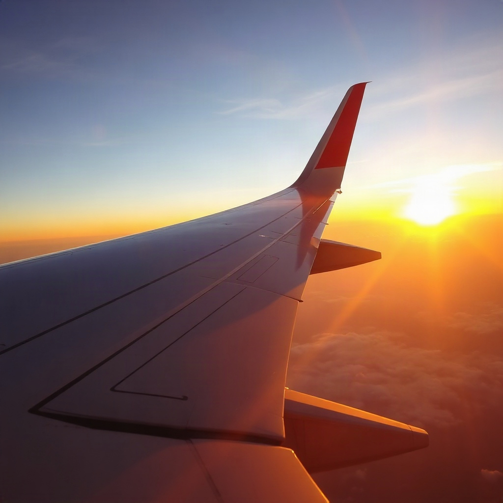 close up of a modern airplane winglet against a golden sunset sky, high quality aerospace photograph