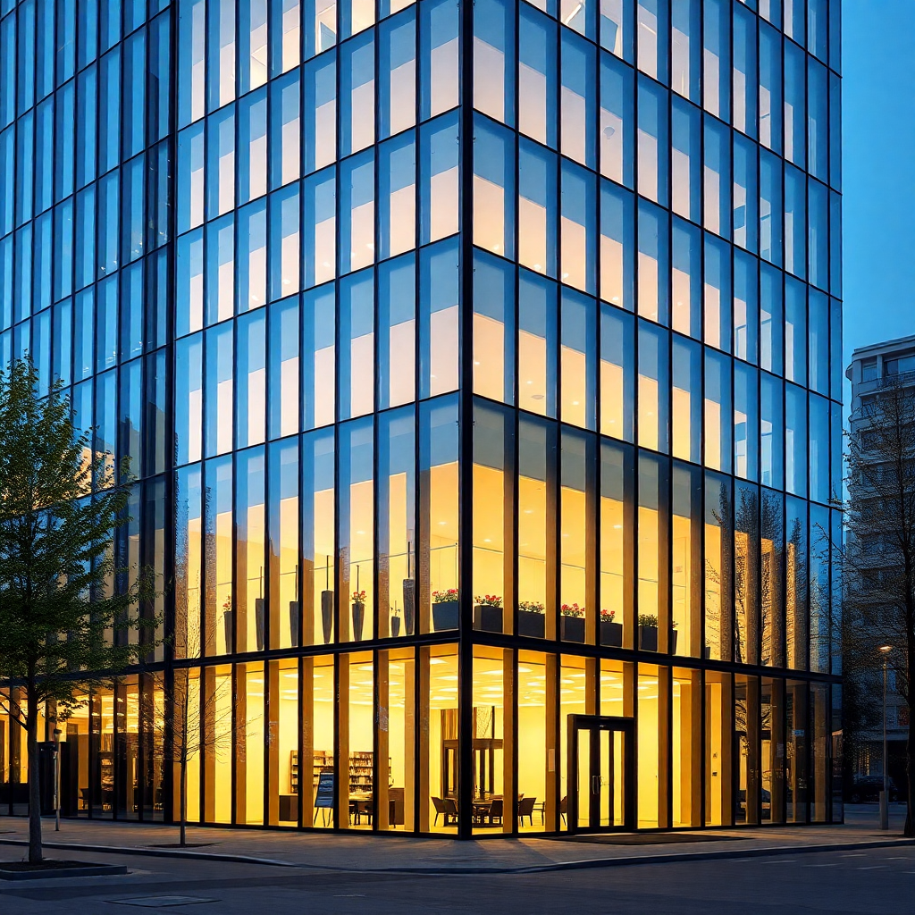 sleek modern corporate office building exterior glass facade minimalist Poland daytime architectural