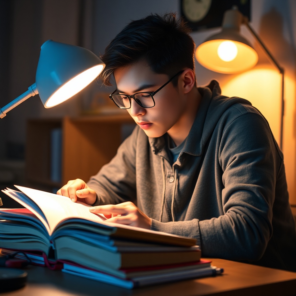 Young university student studying late with books, focused but tired, warm desk lamp lighting