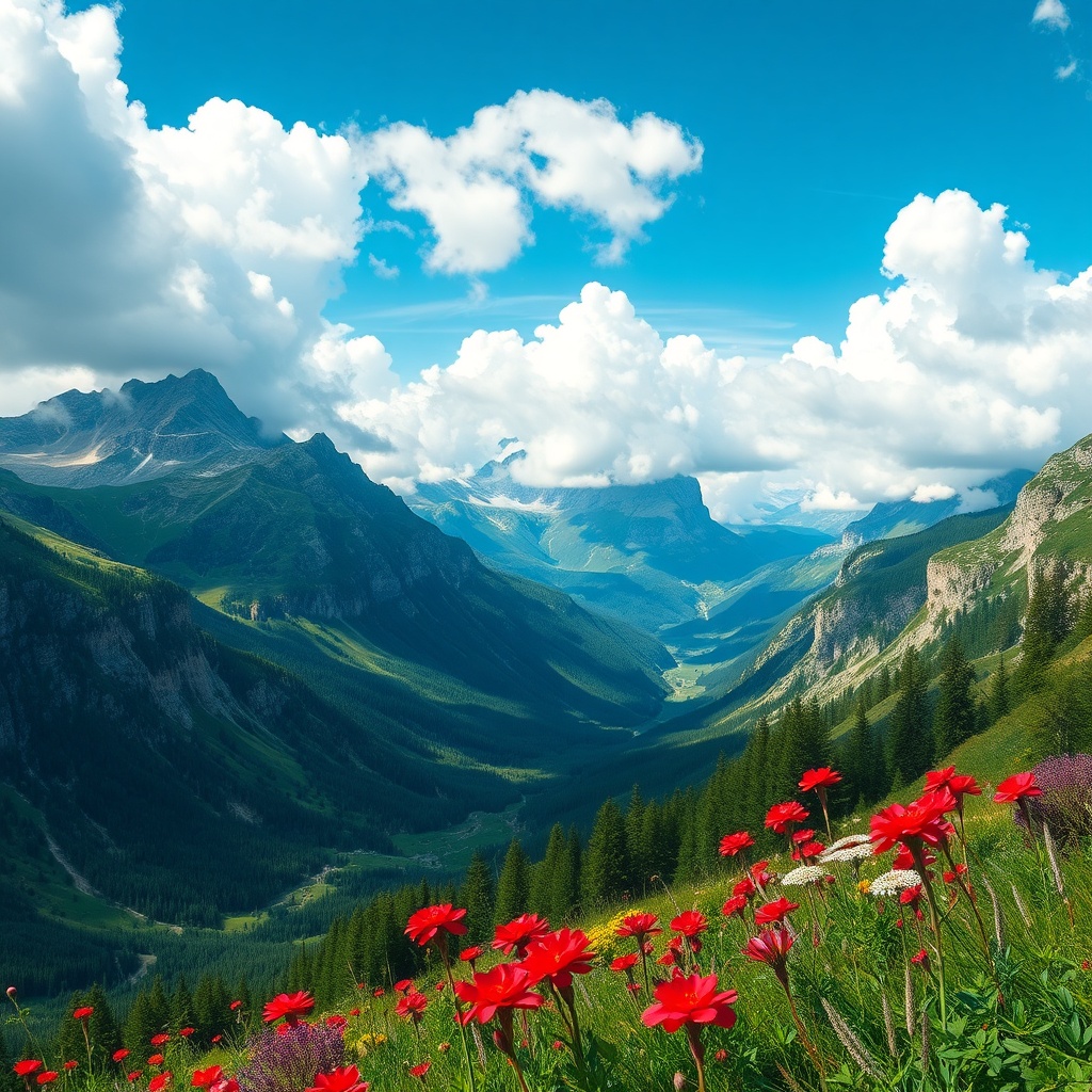 scenic mountain valley with red flowers and white clouds, epic nature shot