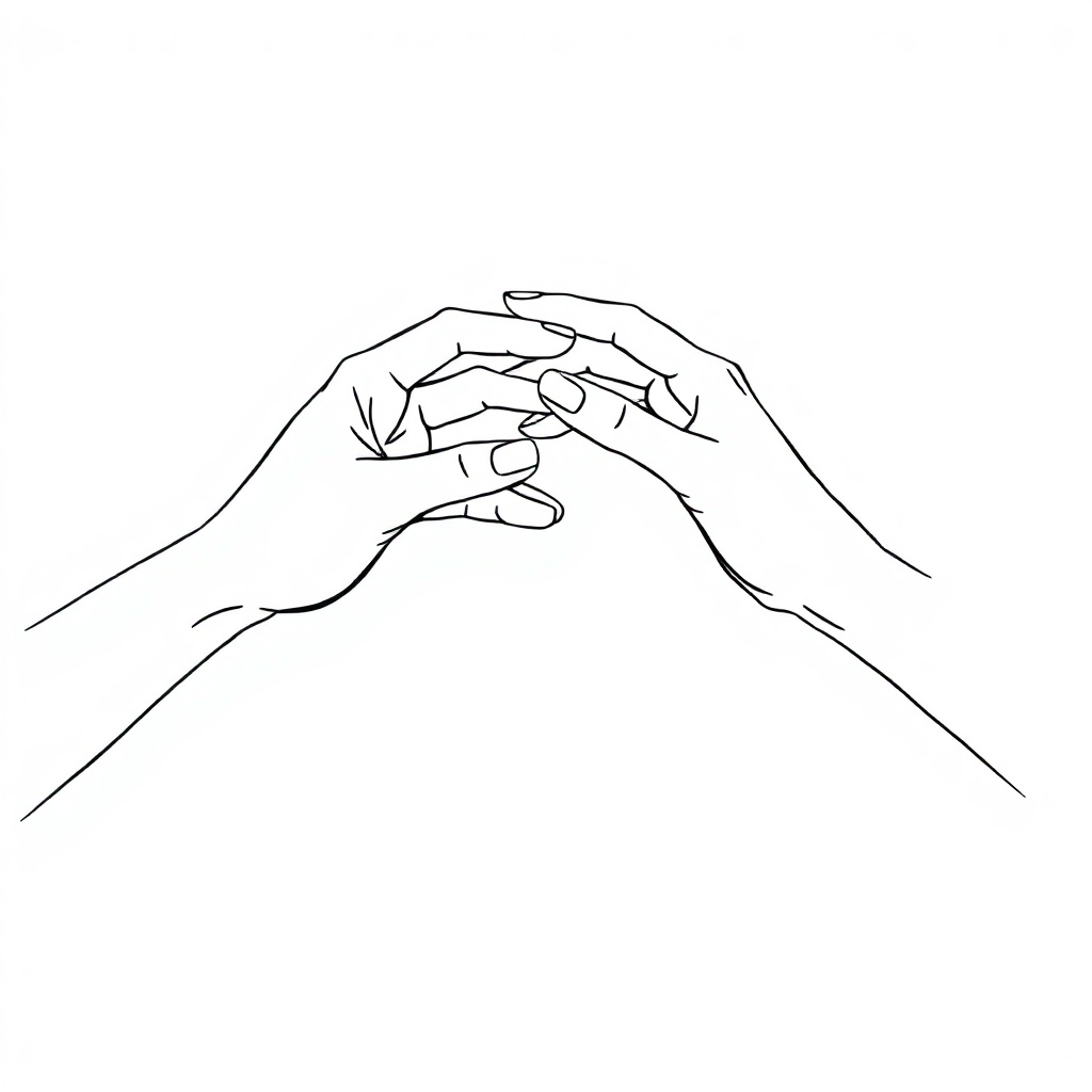 minimalist line art of two hands reaching for each other, white background, elegant drawing