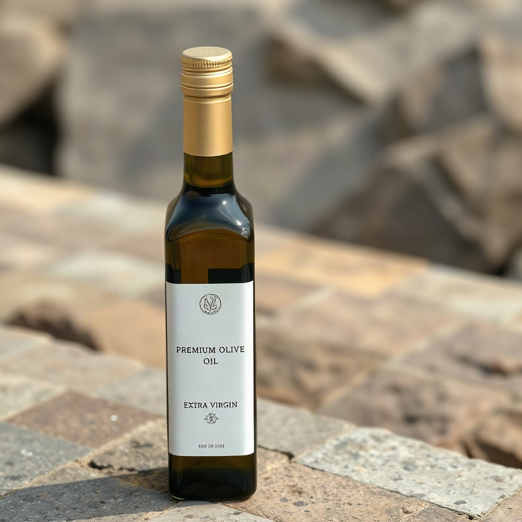 premium bottle of extra virgin olive oil with minimalist label on a stone surface, editorial photogr