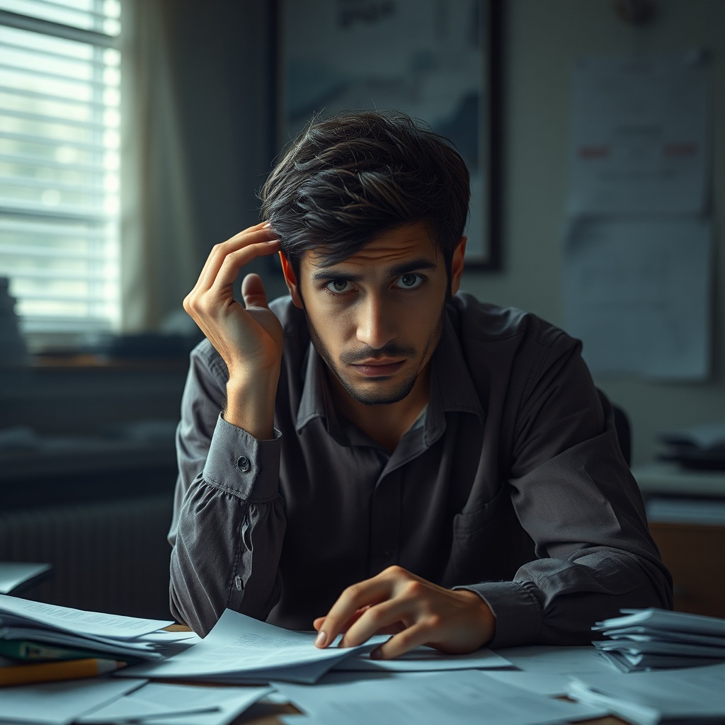 Person looking tired and confused at a desk covered in papers, brain fog concept, cinematic moody li