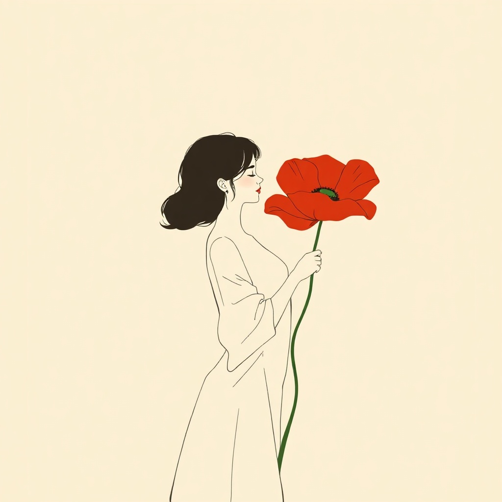 minimalist digital illustration of a woman holding a large red poppy flower, simple lines, soft text