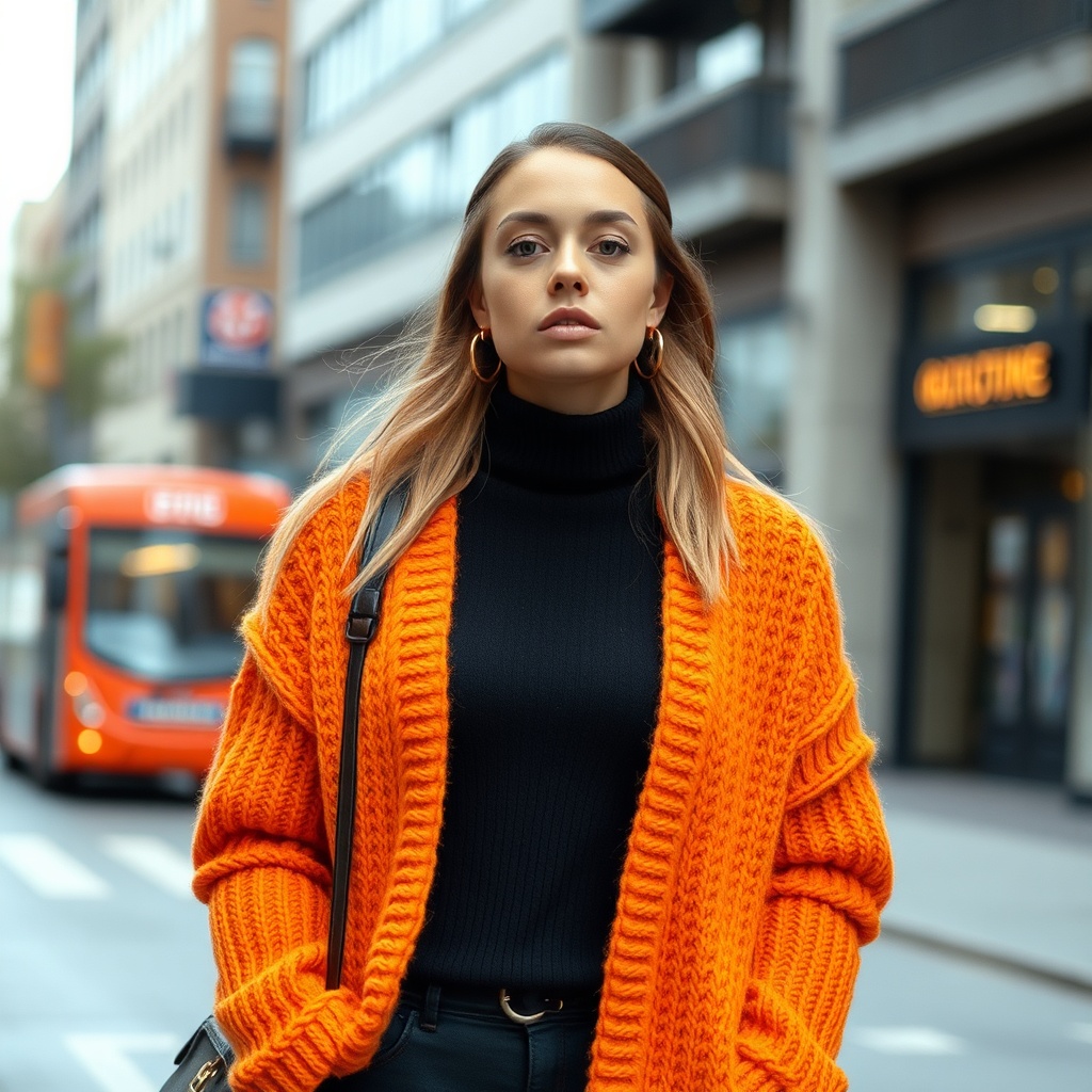 fashion portrait of a model in orange knitwear, outdoor urban setting