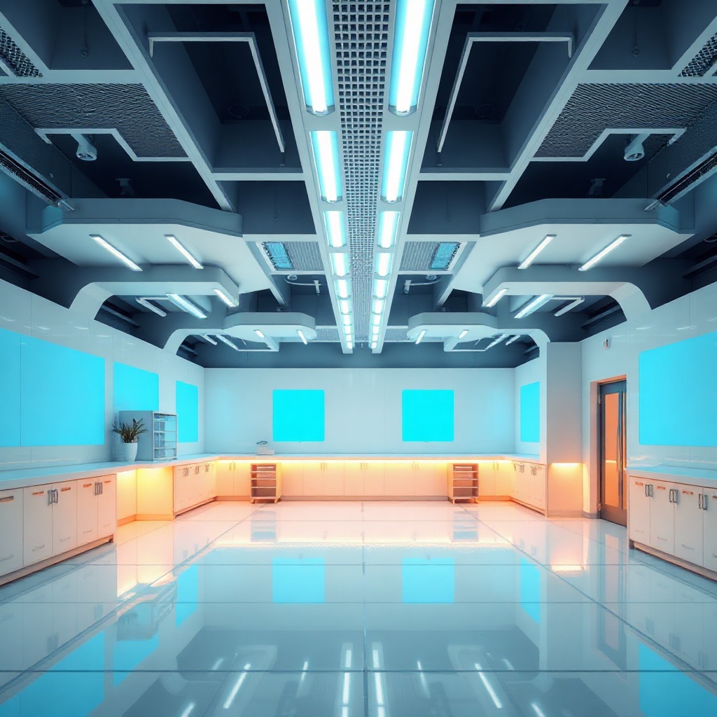 abstract high-tech laboratory with neon blue lights and clean white surfaces, minimalist scientific 